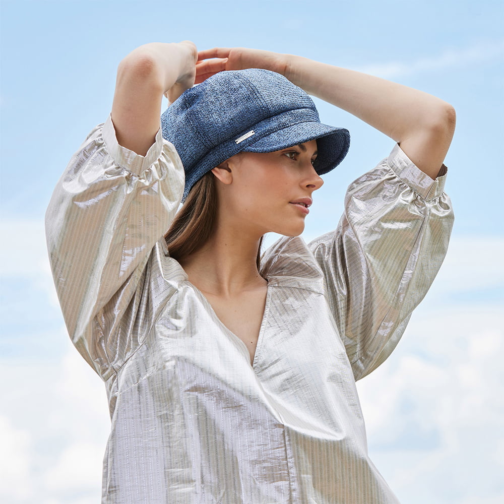 Seeberger Hats Faux Straw Baker Boy Cap - Denim Blue