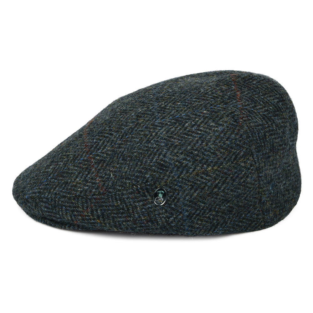 City Sport Harris Tweed Windowpane Herringbone Flat Cap - Grey-Blue