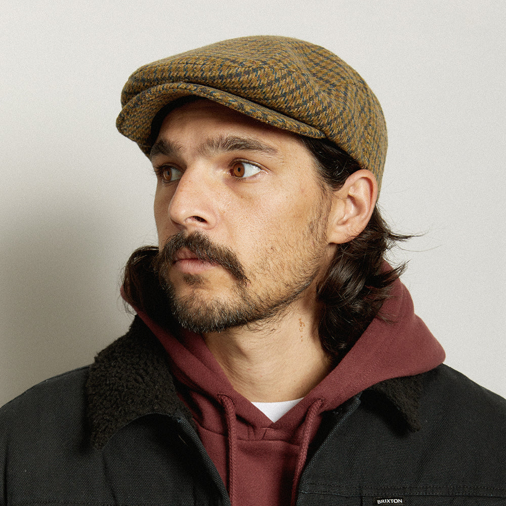 Brixton Hats Hooligan Houndstooth Flat Cap - Light Olive-Brown