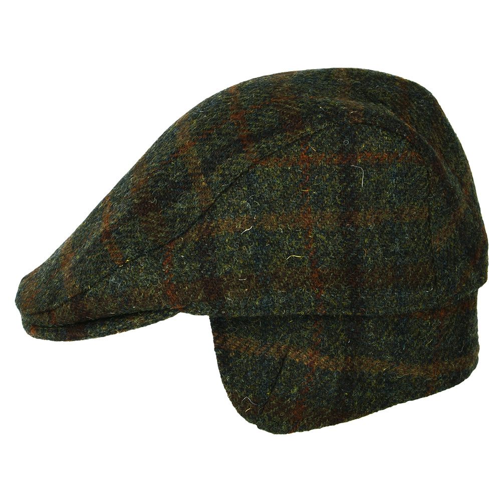 Failsworth Hats Harris Tweed Checked Oban Flat Cap with Earflaps - Olive-Rust