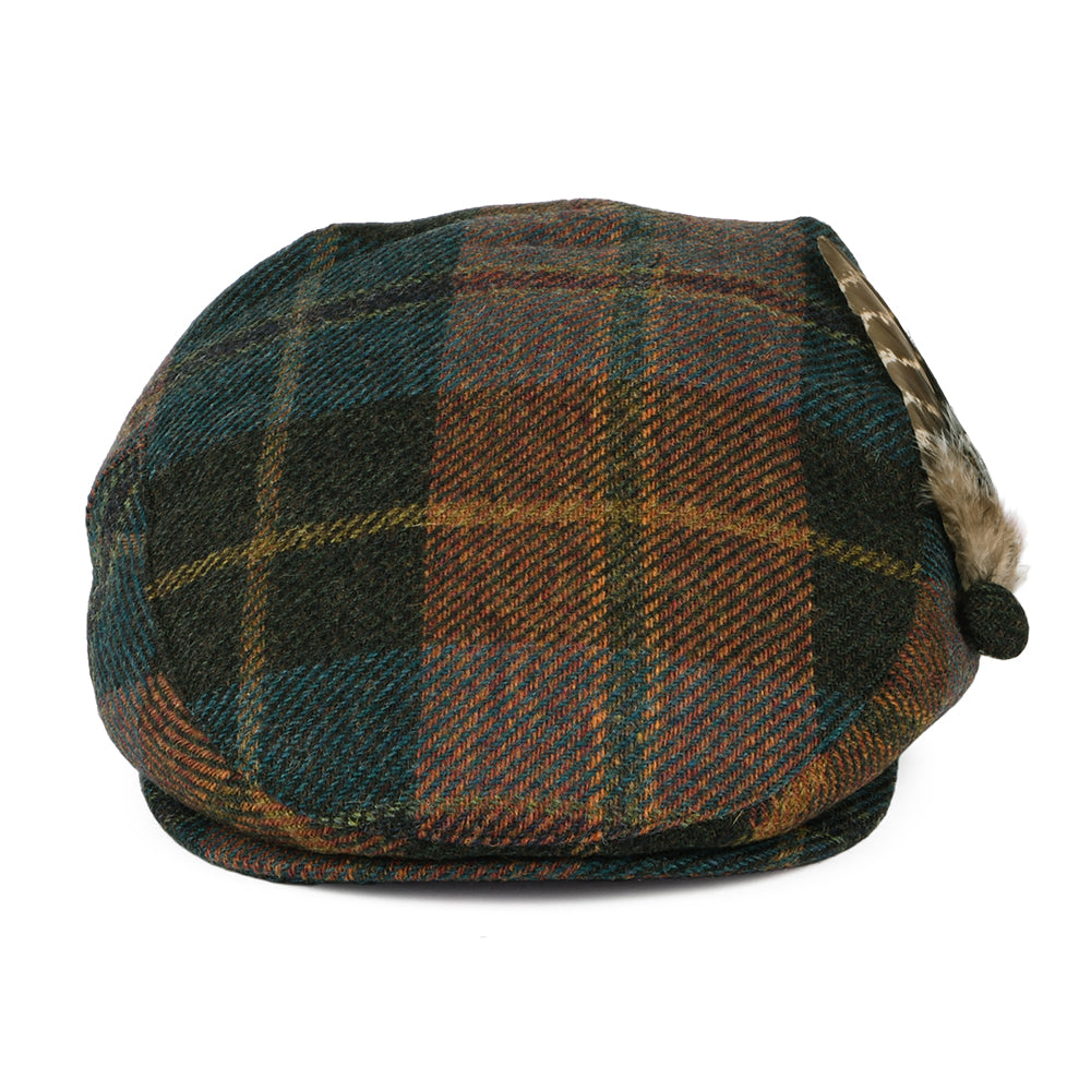 Failsworth Hats British Wool Tartan Feather Flat Cap - Teal-Rust