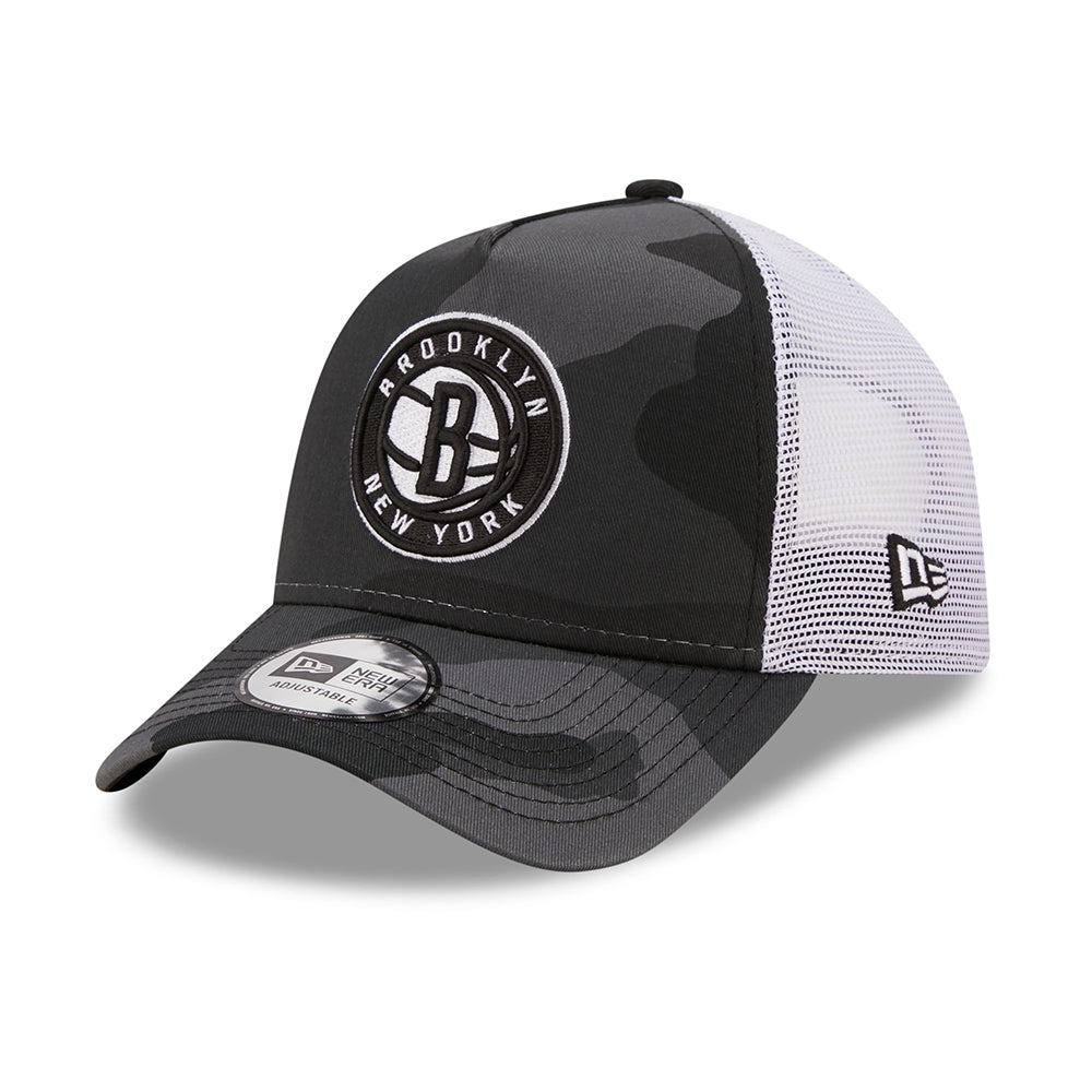 New Era Brooklyn Nets A-Frame Trucker Cap - NBA Camo - Grey