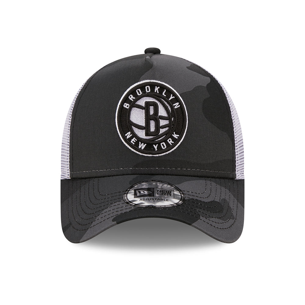 New Era Brooklyn Nets A-Frame Trucker Cap - NBA Camo - Grey