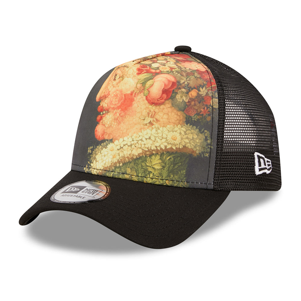 New Era 9FORTY Four Seasons A-Frame Trucker Cap - Le Louvre AOP - Black