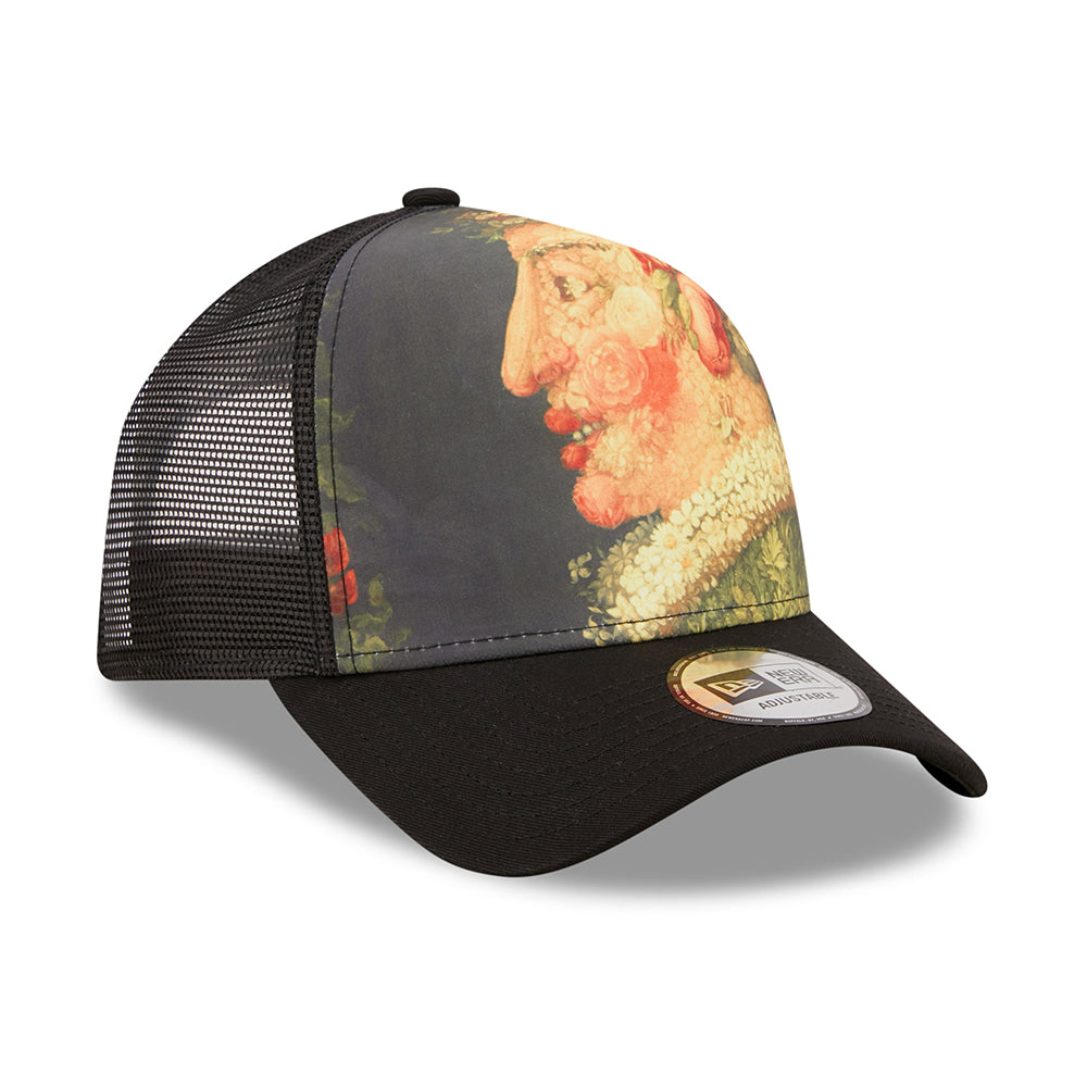 New Era 9FORTY Four Seasons A-Frame Trucker Cap - Le Louvre AOP - Black