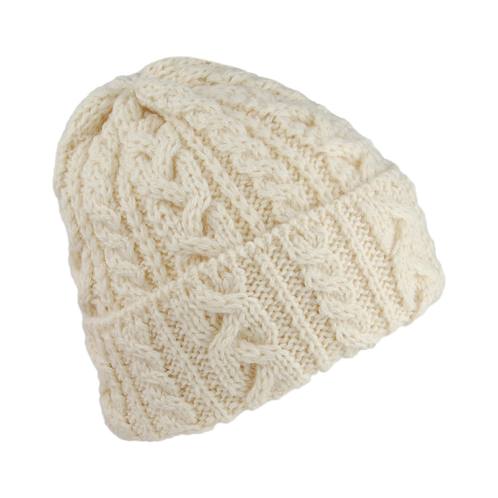 Highland 2000 Cuffed Cable Knit English Wool Beanie Hat - Natural