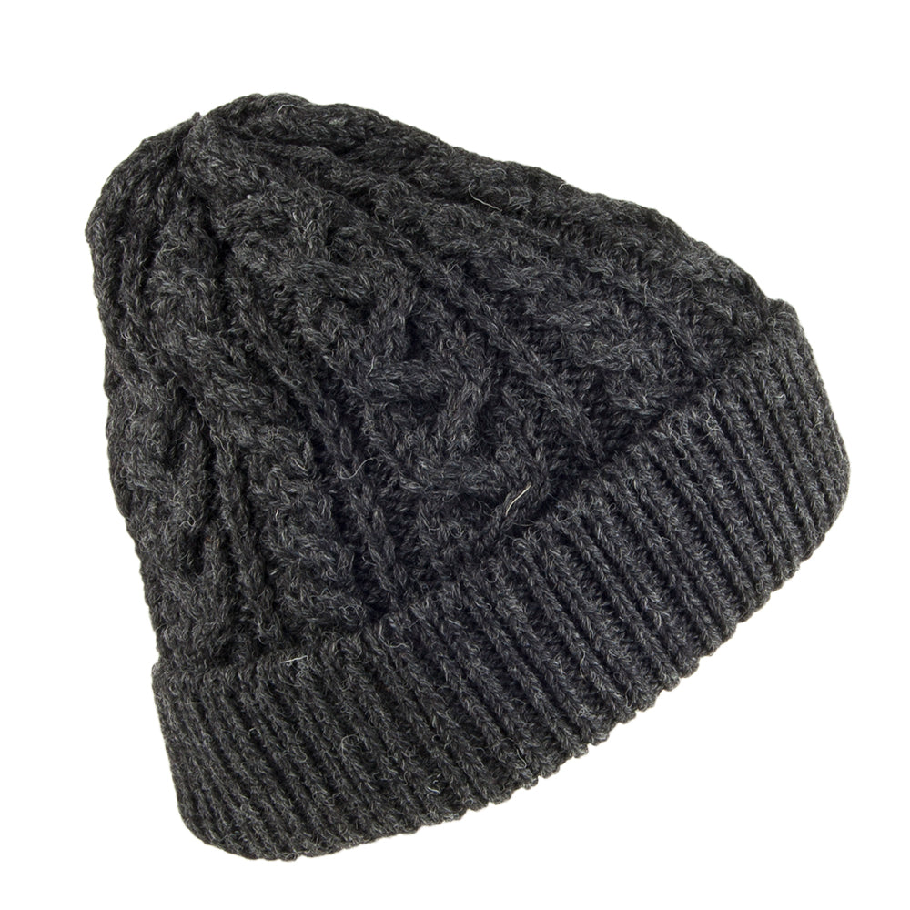 Highland 2000 Cuffed Cable Knit English Wool Beanie Hat - Charcoal