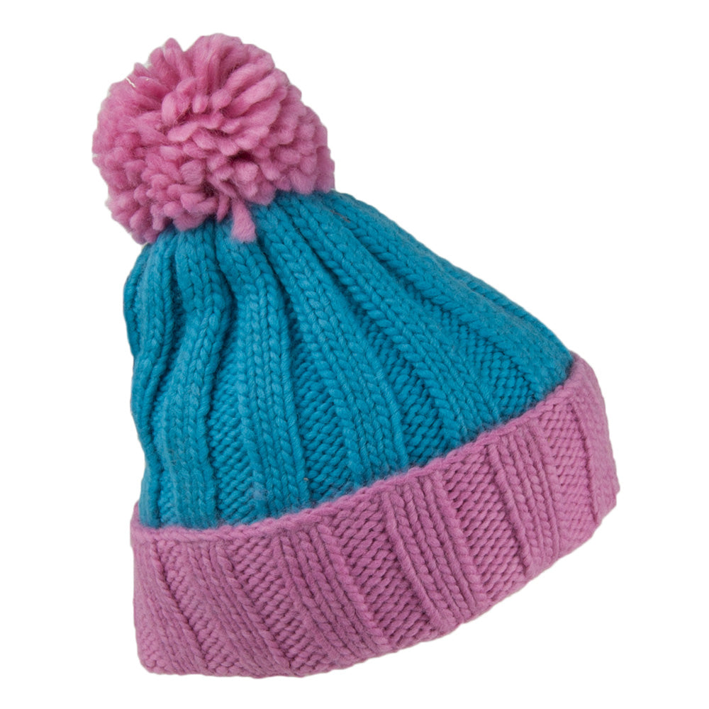 Kusan Ribbed Turn Up Bobble Hat - Pink-Blue