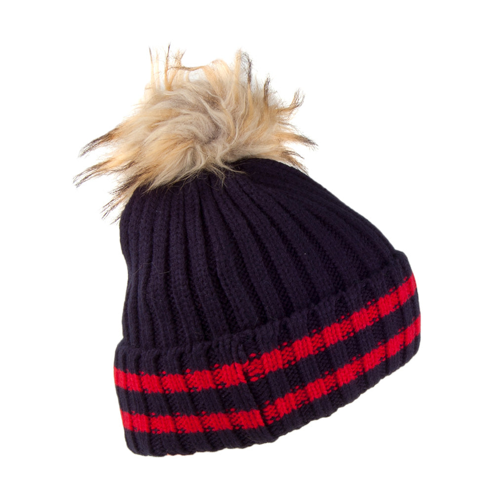 Superdry Aimee Stripe Faux Fur Bobble Hat - Navy Blue