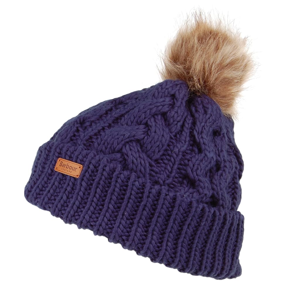 Barbour Hats Penshaw Cable Knit Faux Fur Pom Bobble Hat - Navy Blue ...