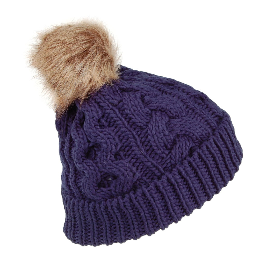 Barbour Hats Penshaw Cable Knit Faux Fur Pom Bobble Hat - Navy Blue