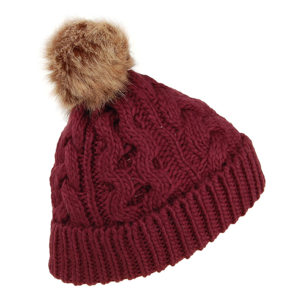 Barbour Hats Penshaw Cable Knit Faux Fur Pom Bobble Hat - Bordeaux