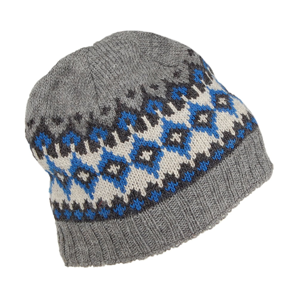 Kusan Hats Fine Gauge Fair Isle Beanie Hat - Grey-Blue