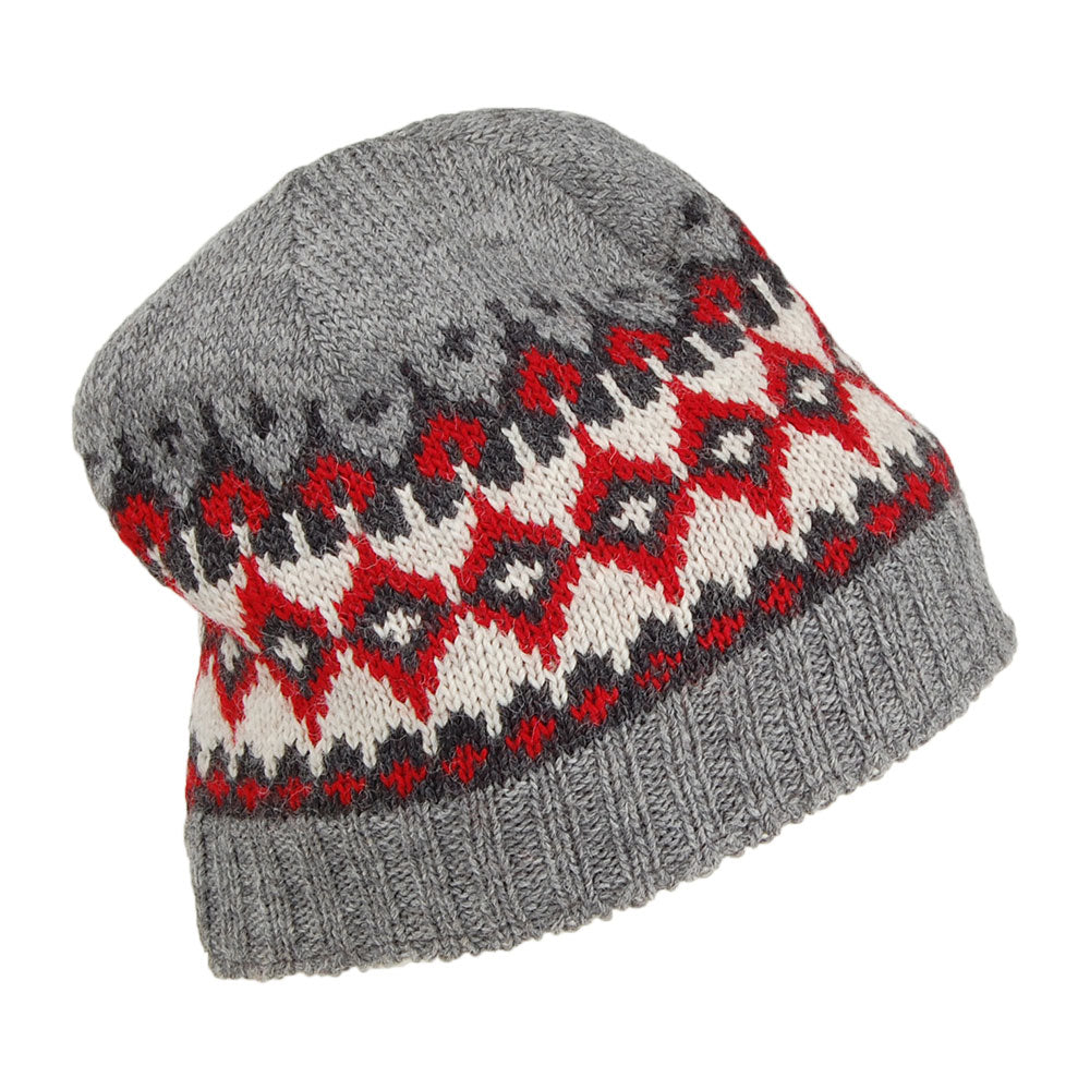 Kusan Hats Fine Gauge Fair Isle Beanie Hat - Grey-Red