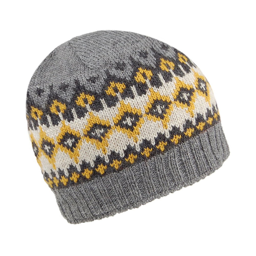 Kusan Hats Fine Gauge Fair Isle Beanie Hat - Grey-Yellow