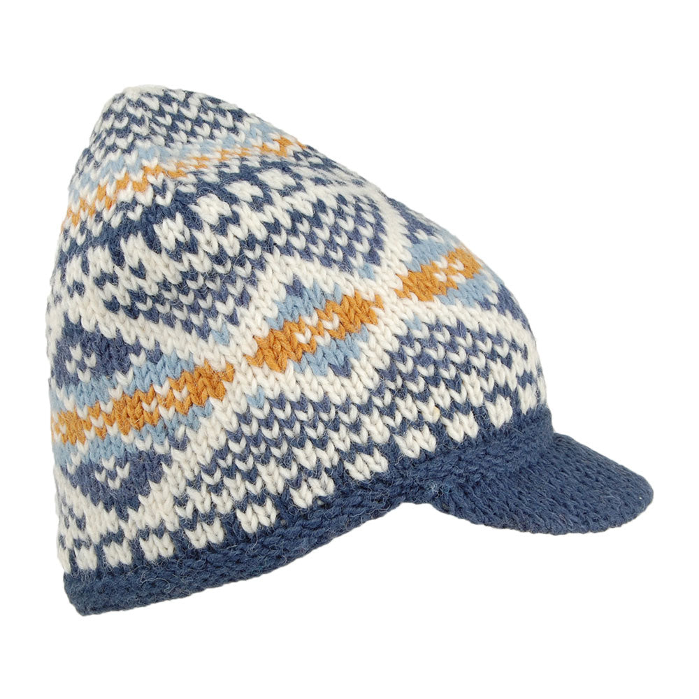 Kusan Brooklyn Fair Isle Peaked Beanie Hat - Blue