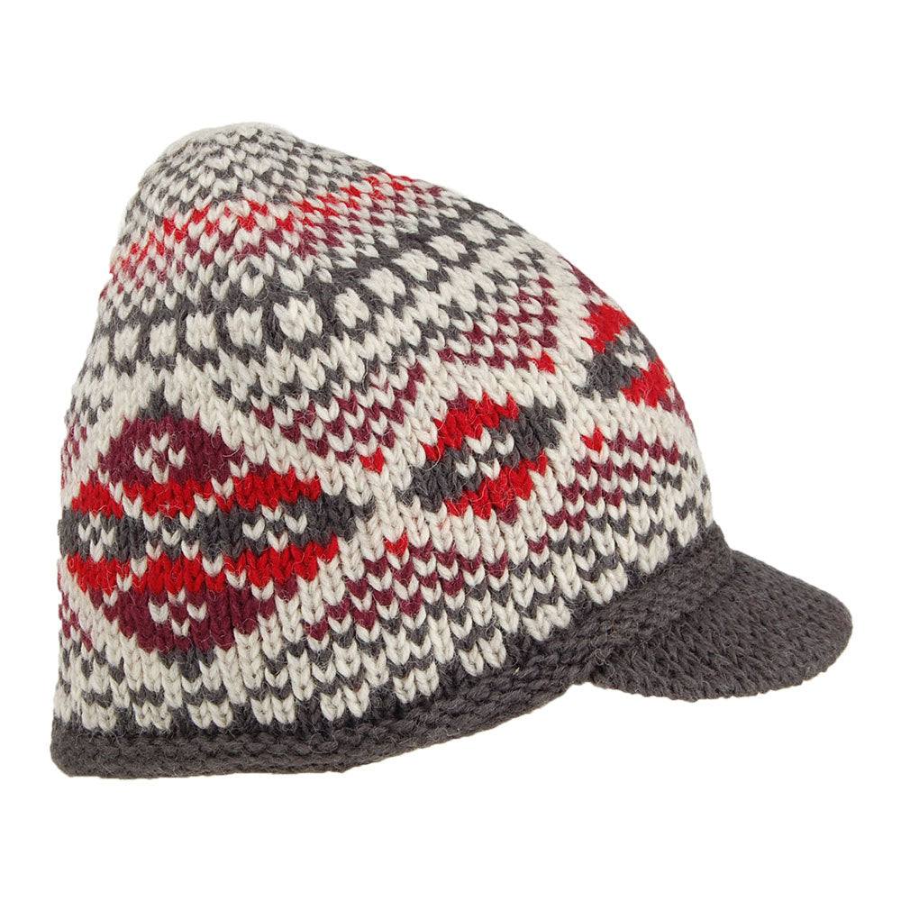 Kusan Brooklyn Fair Isle Peaked Beanie Hat - Red-Grey