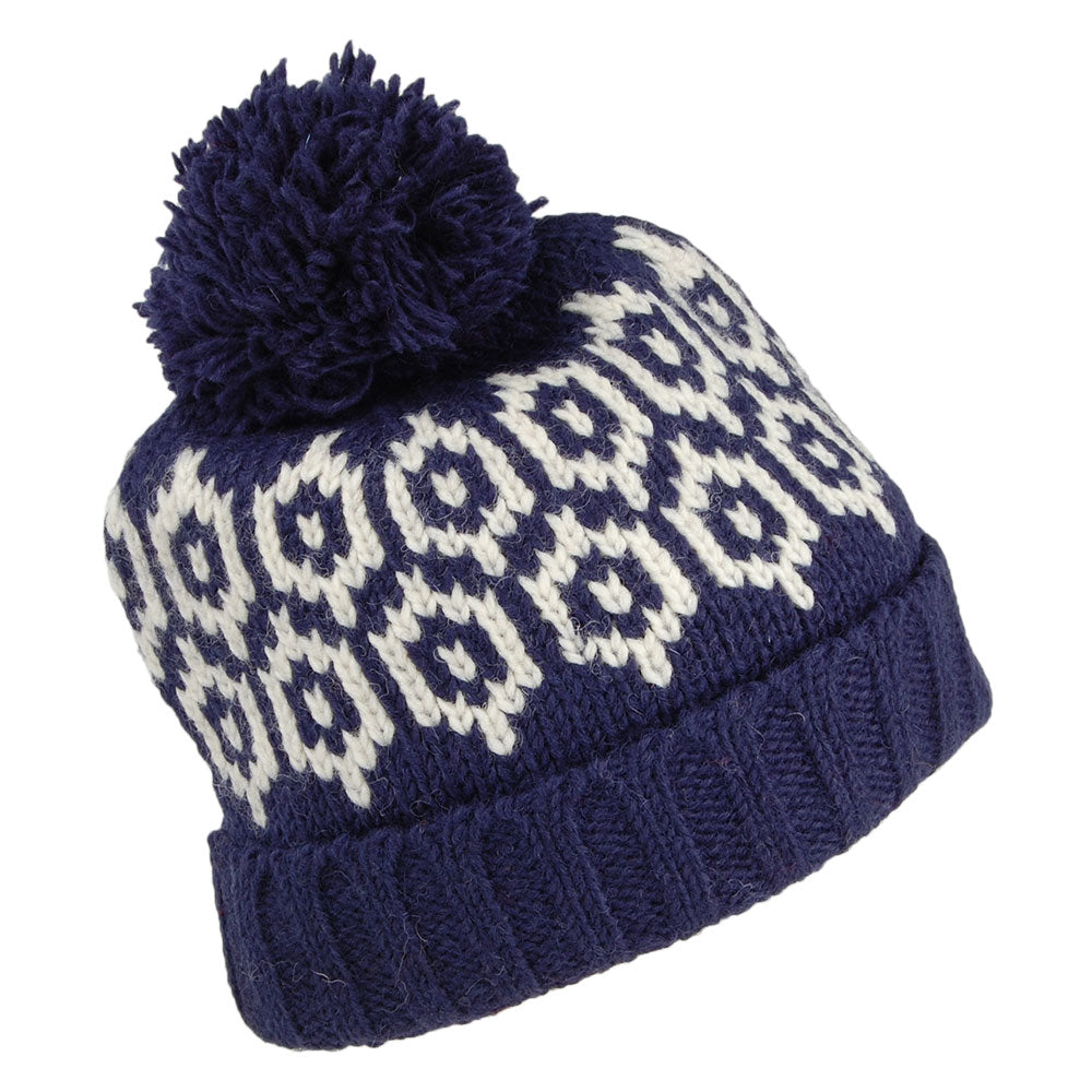 Kusan Patterned Turn Up Bobble Hat - Navy Blue