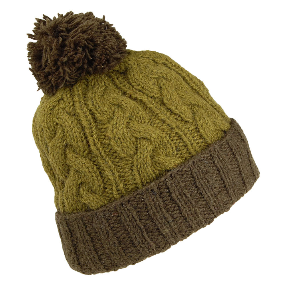 Kusan 2-Tone Cable Knit Turn Up Bobble Hat - Olive-Green