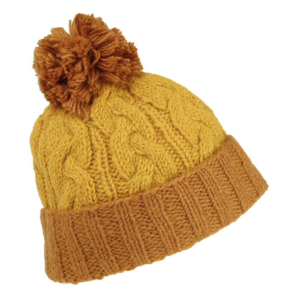 Kusan 2-Tone Cable Knit Turn Up Bobble Hat - Mustard