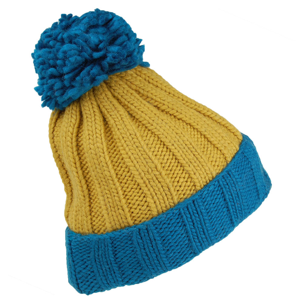 Kusan Ribbed Turn Up Bobble Hat - Blue-Yellow