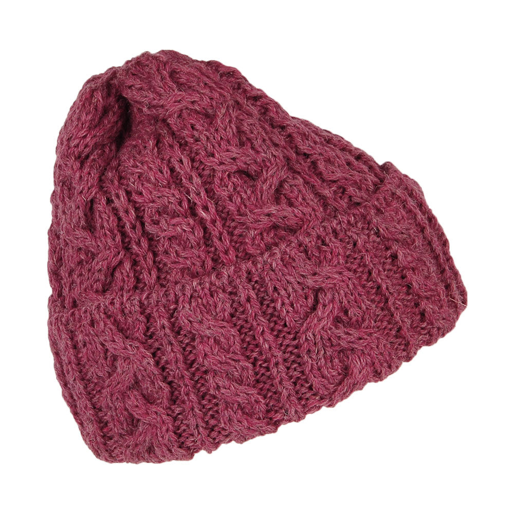 Highland 2000 Cuffed Cable Knit English Wool Beanie Hat - Burgundy-Mix