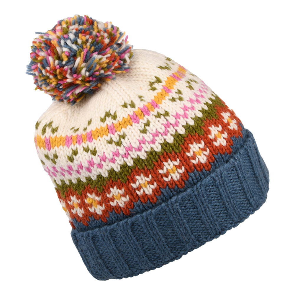 Kusan Mosaic Fair Isle Bobble Hat - Cream-Blue