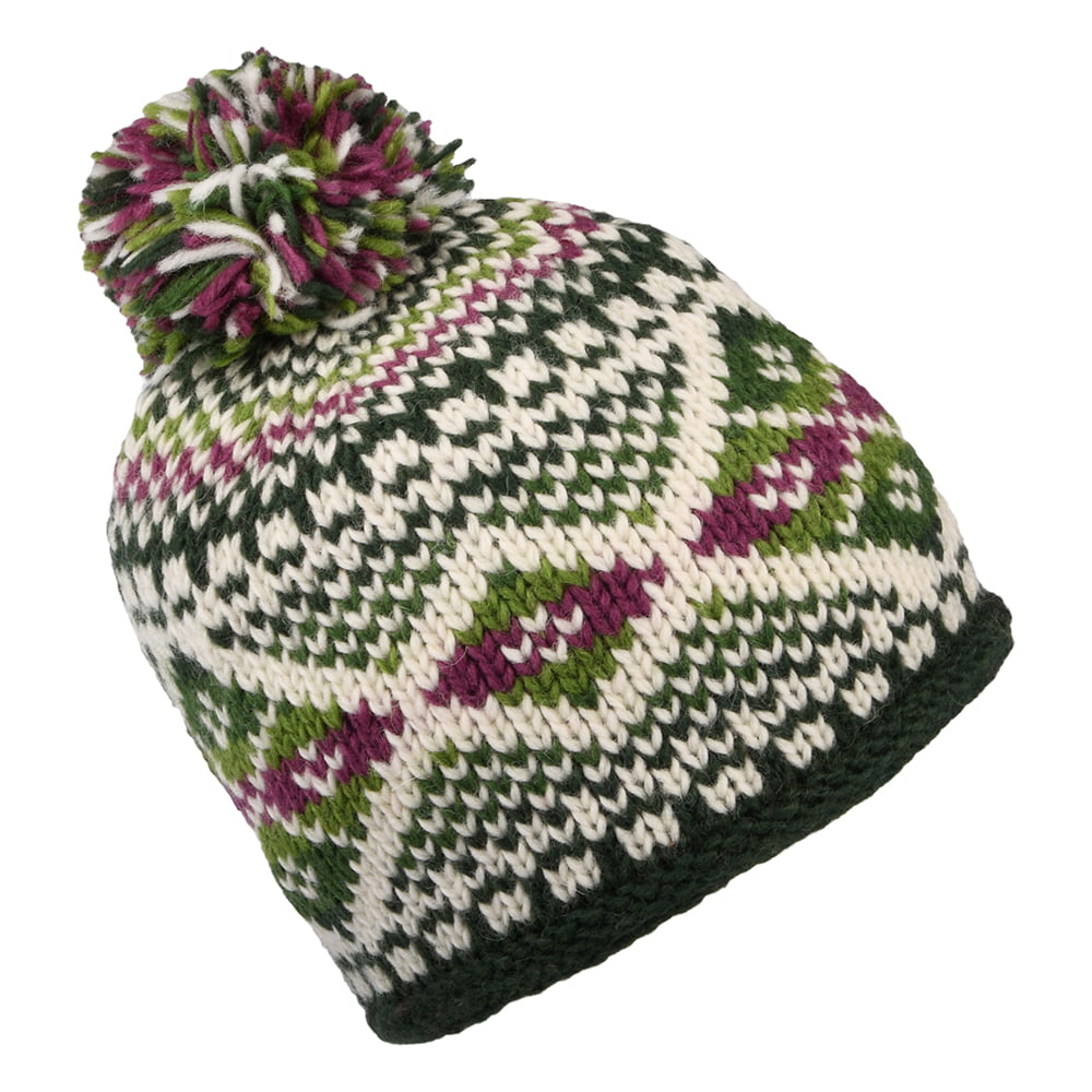 Kusan Big Diamond Fair Isle Bobble Hat - Olive-Multi