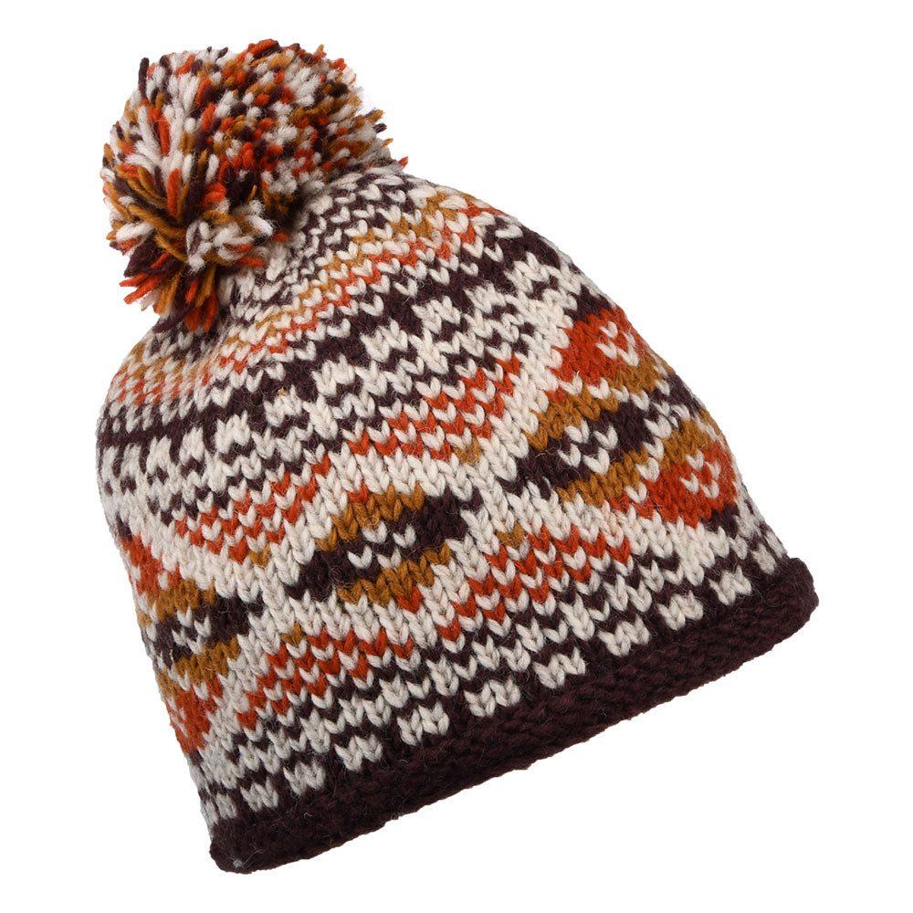 Kusan Big Diamond Fair Isle Bobble Hat - Orange-Multi