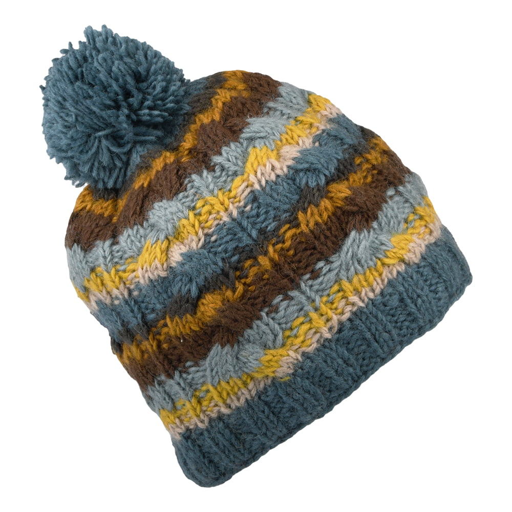 Kusan Striped Cable Knit Bobble Hat - Blue-Multi