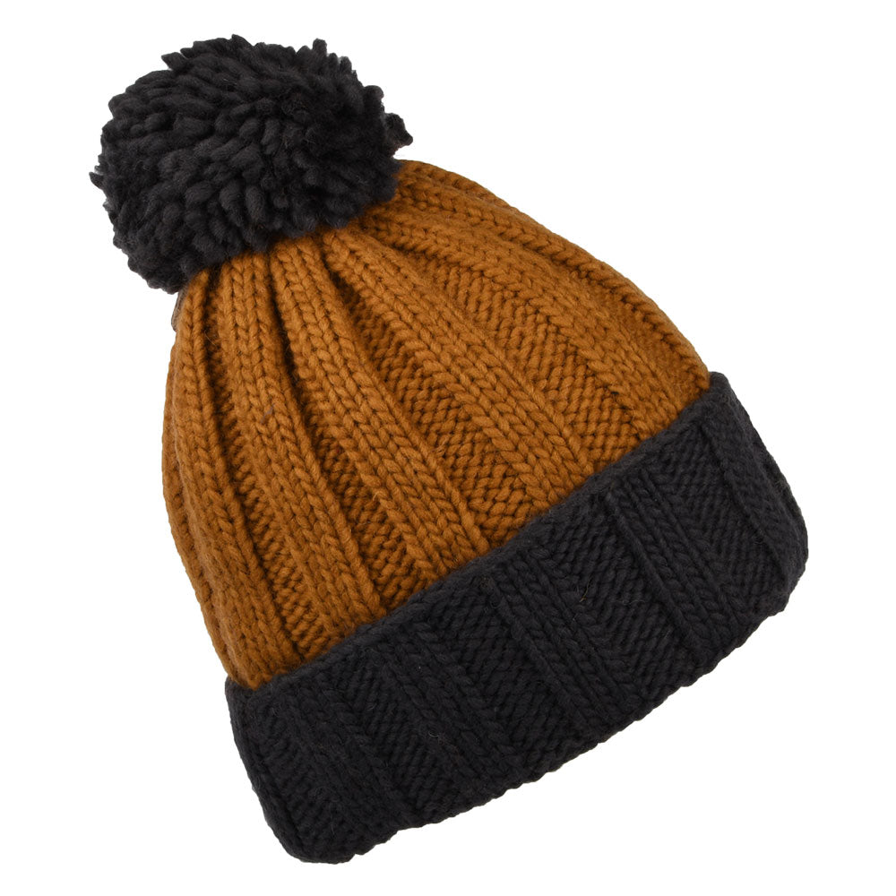 Kusan Ribbed Turn Up Bobble Hat - Grey-Tan