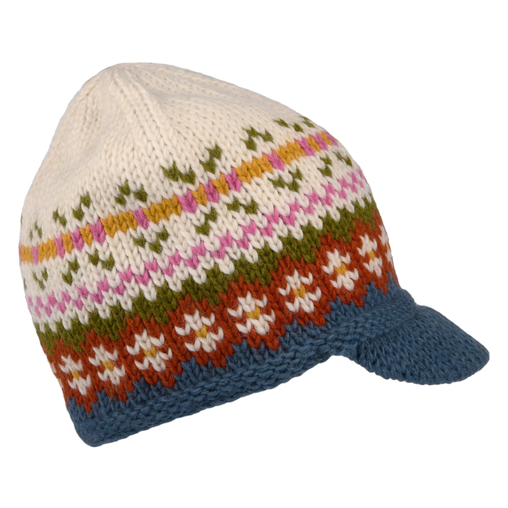 Kusan Brooklyn Fair Isle Peaked Beanie Hat - Cream-Blue