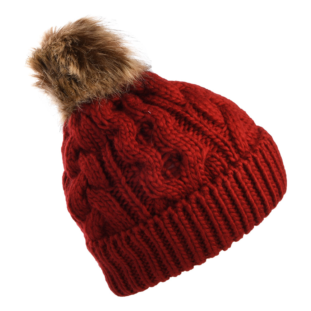 Barbour Hats Penshaw Cable Knit Faux Fur Pom Bobble Hat - Crimson