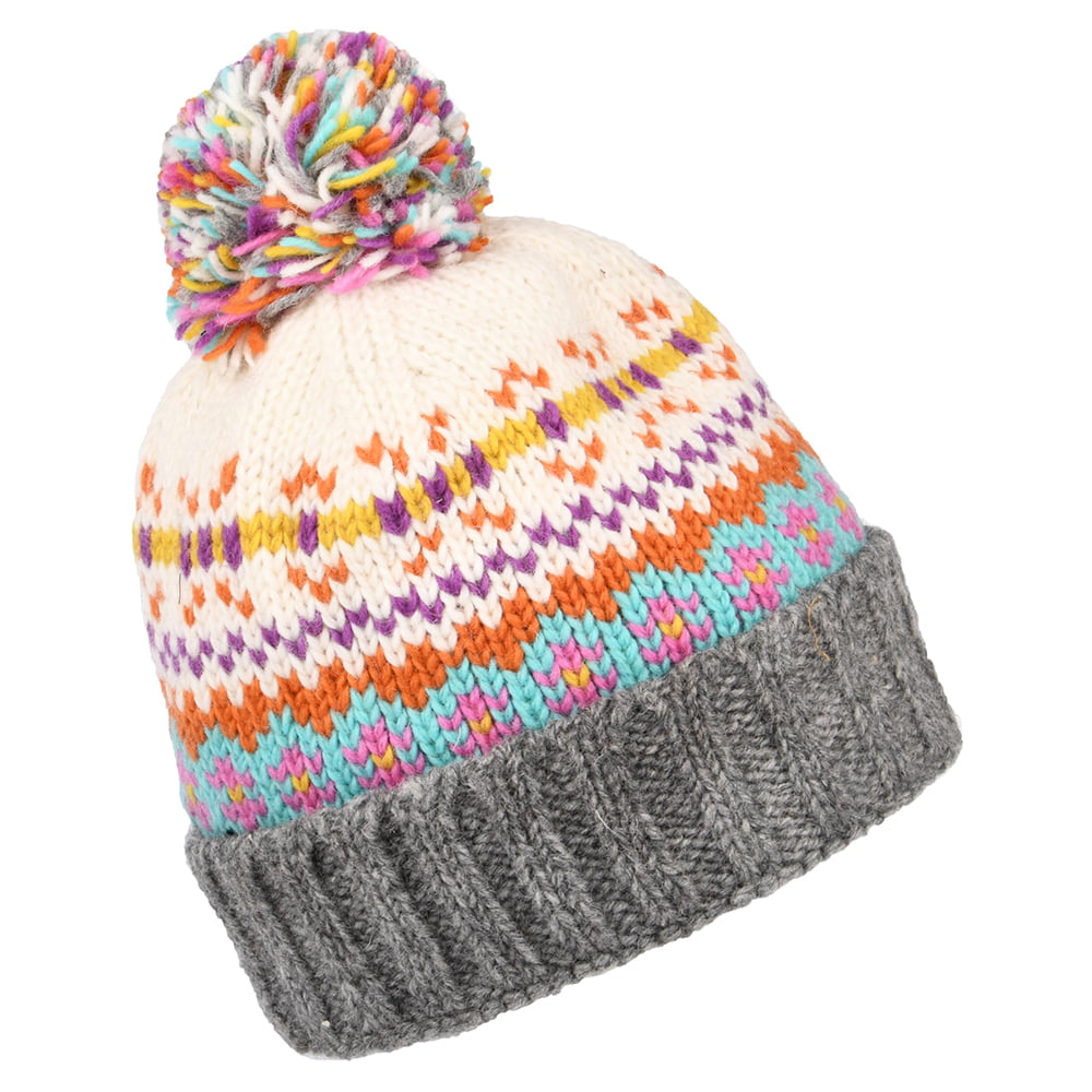 Kusan Mosaic Fair Isle Bobble Hat - Cream-Grey