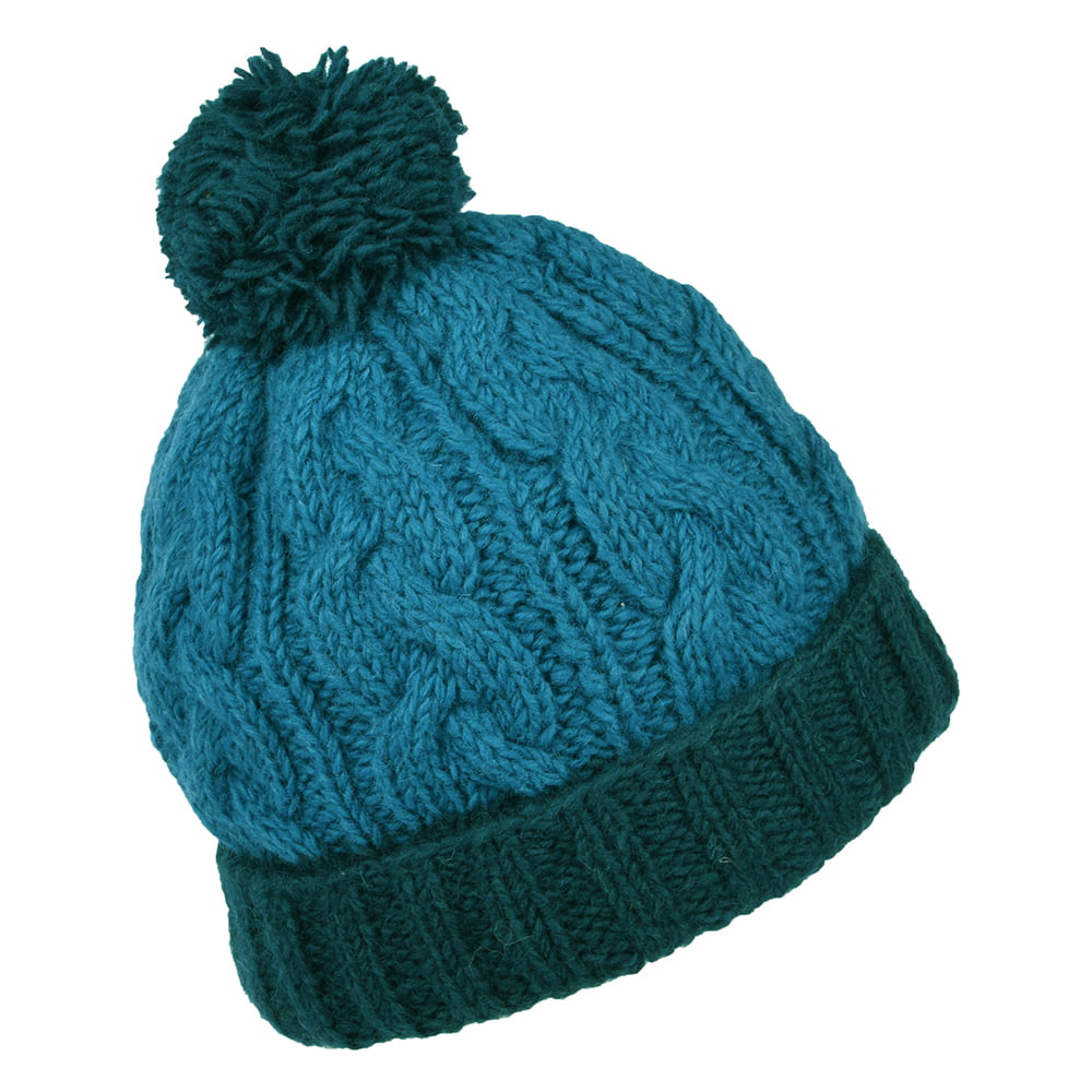 Kusan 2-Tone Cable Knit Turn Up Bobble Hat - Blue