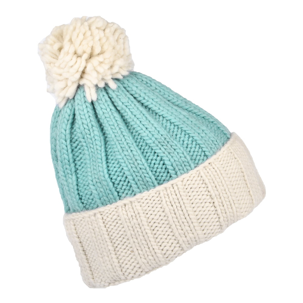 Kusan Ribbed Turn Up Bobble Hat - Light Grey-Aqua