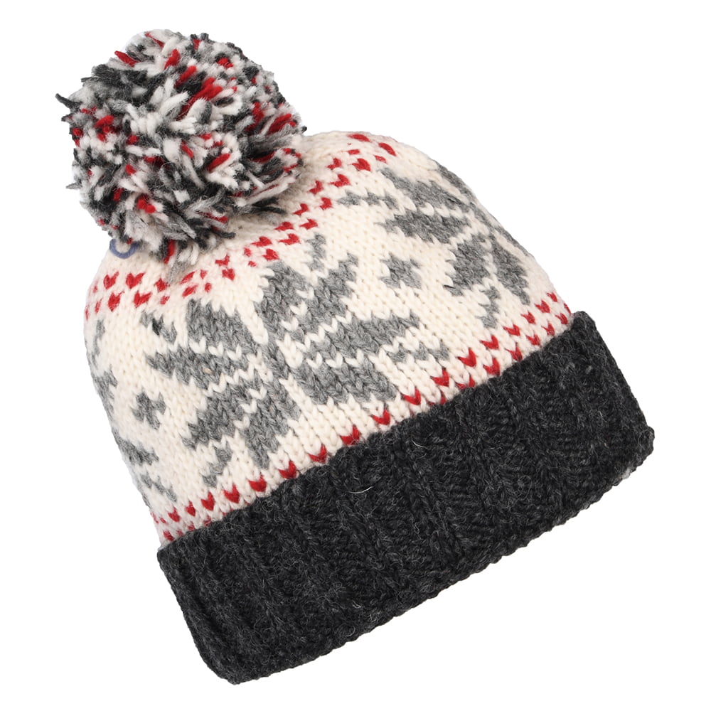 Kusan Snowflake Turn Up Bobble Hat - Grey-Cream