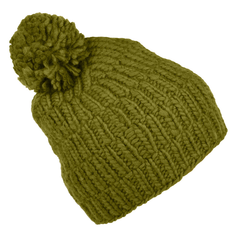 Kusan Moss Yarn Rib Cable Bobble Hat - Khaki