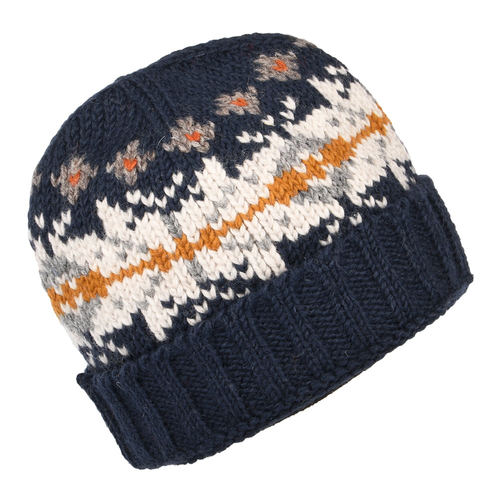 Kusan Snowflake Turn Up Beanie Hat - Navy-Cream