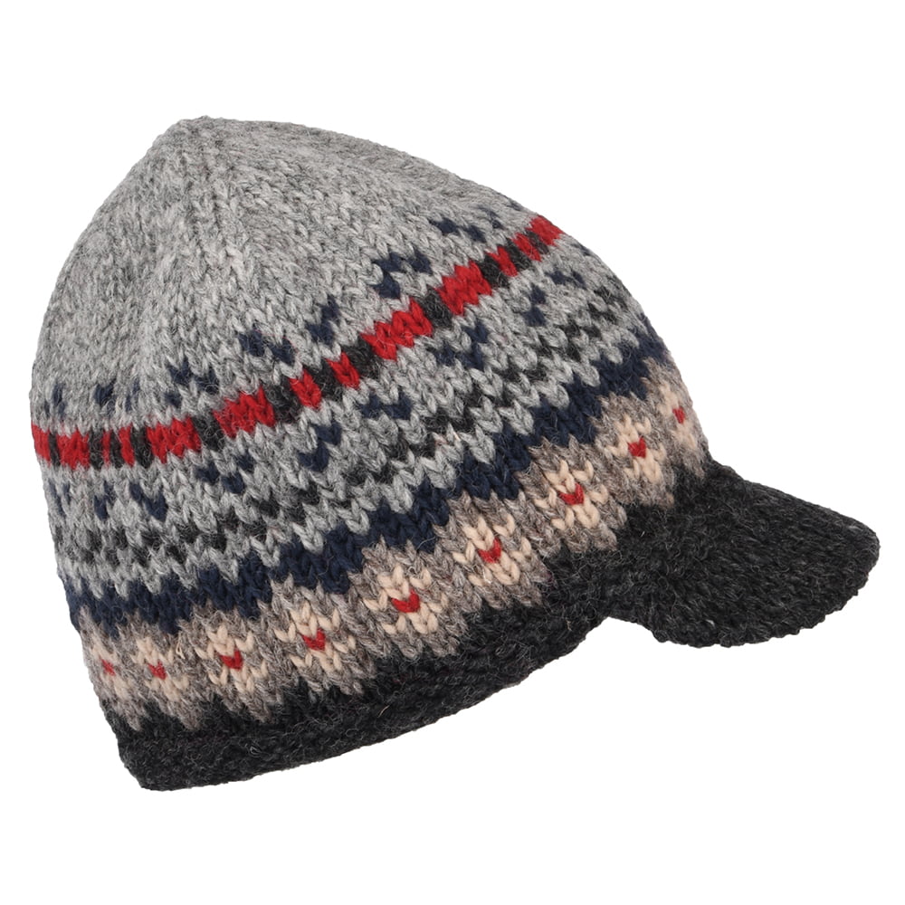 Kusan Brooklyn Fair Isle Peaked Beanie Hat - Grey-Charcoal