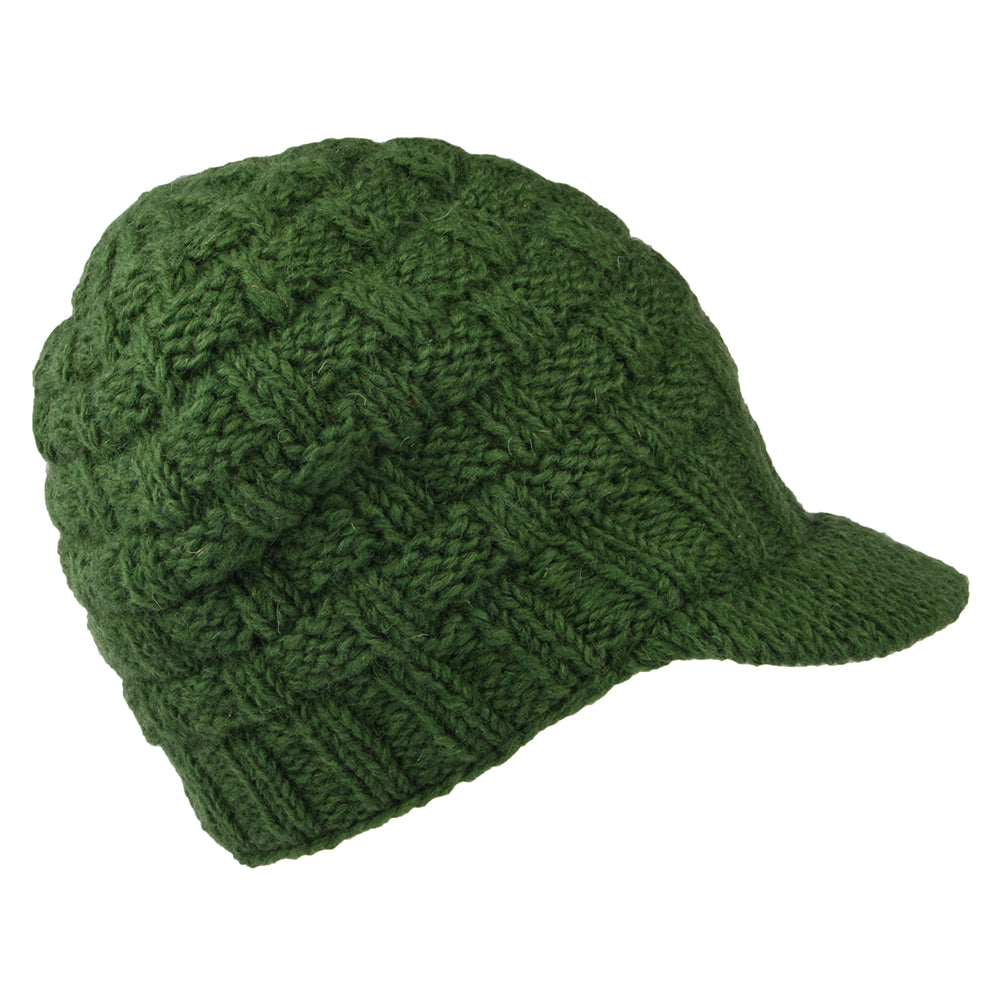 Kusan Basket Weave Peaked Beanie Hat - Olive