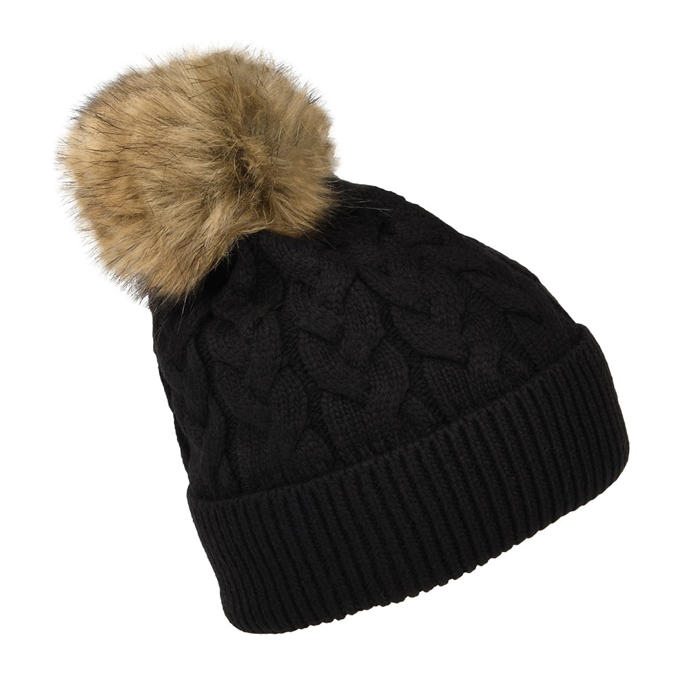 Joules Hats Elena Cable Knit Faux Fur Pom Bobble Hat - Black