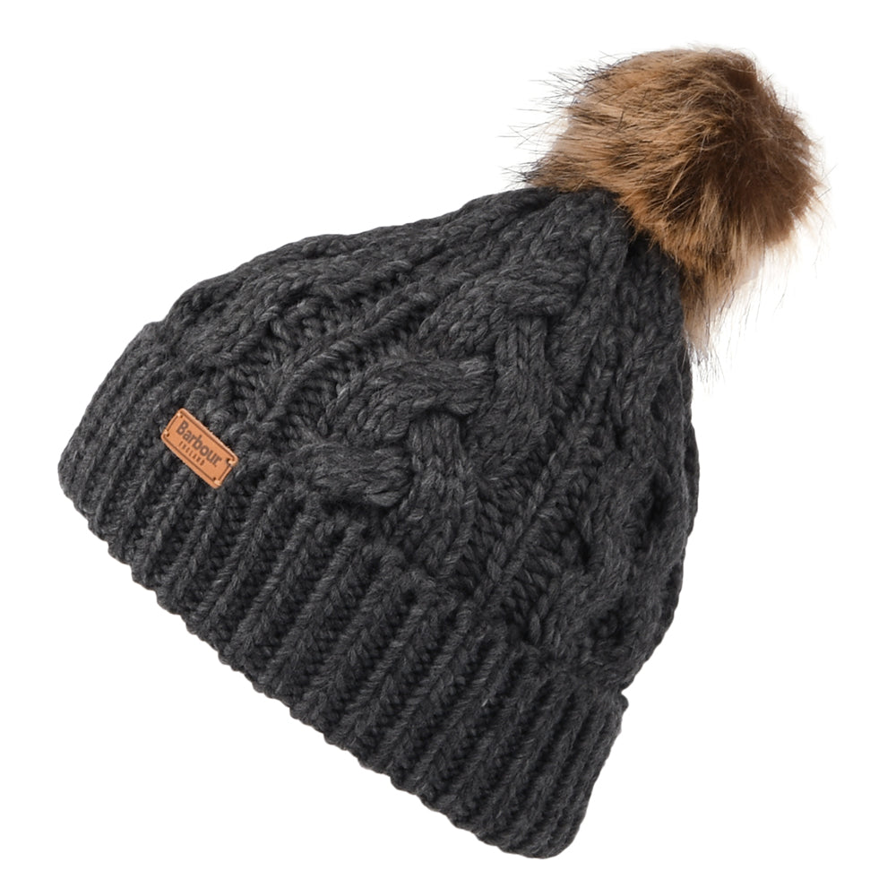 Barbour Hats Penshaw Cable Knit Faux Fur Pom Bobble Hat - Charcoal ...