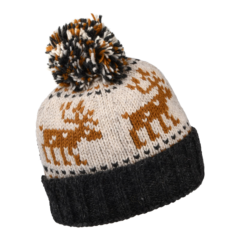 Kusan Reindeer Turn Up Bobble Hat - Caramel-Cream