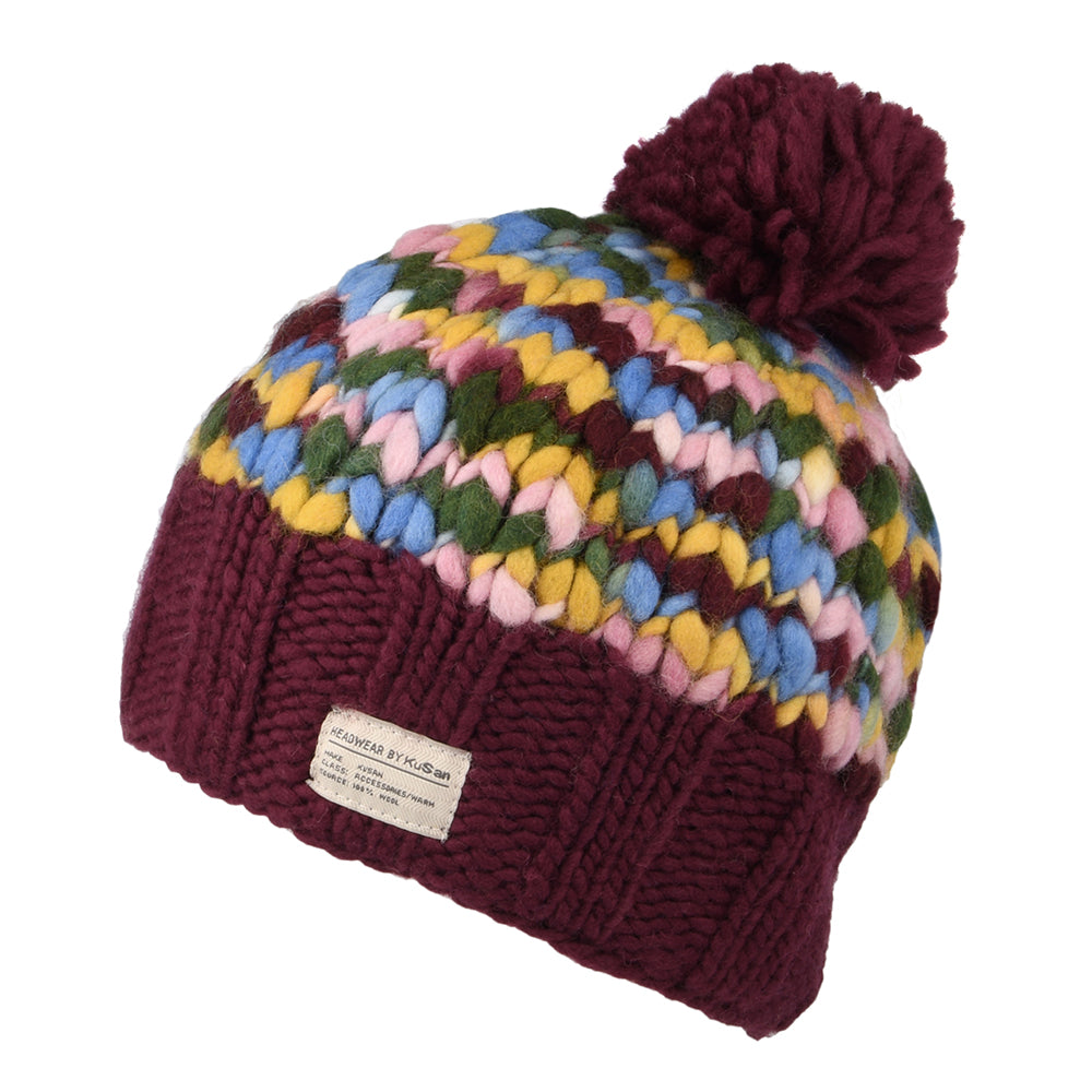 Kusan Chunky Yarn Bobble Hat - Wine-Multi