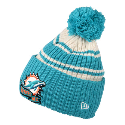 New Era Miami Dolphins Bobble Hat - NFL Sideline Sport Knit - Teal-White