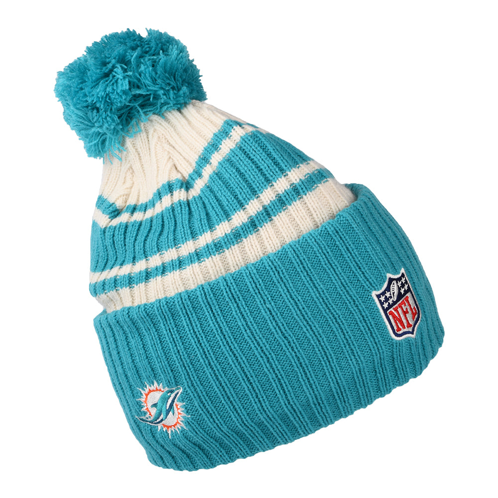 New Era Miami Dolphins Bobble Hat - NFL Sideline Sport Knit - Teal-White