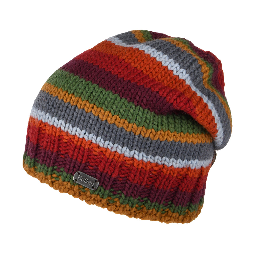 Kusan Striped Button Down Beanie Hat - Red-Plum-Grey